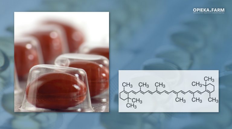 Kapsułka z beta-karotenem i wzór chemiczny beta-karotenu