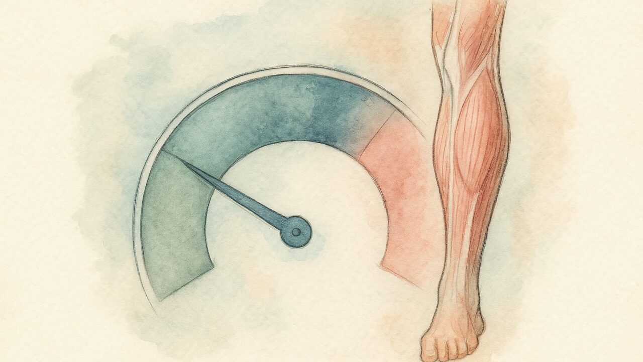 Akwarelowa ilustracja: wskaźnik ryzyka ustawiony na poziom niski obok mięśni łydki — ryzyko powikłań mięśniowych po statynach