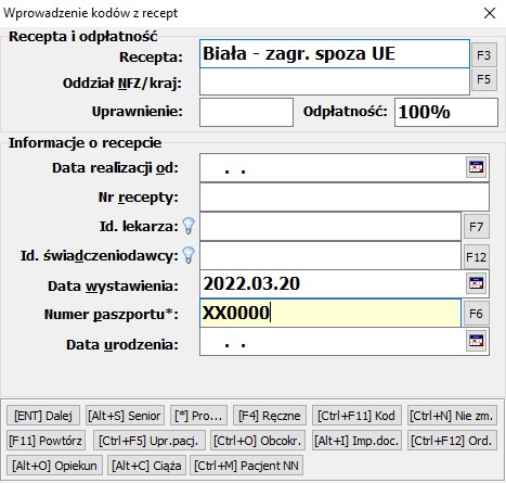 Recepta dla obcokrajowca - okno z kodami.