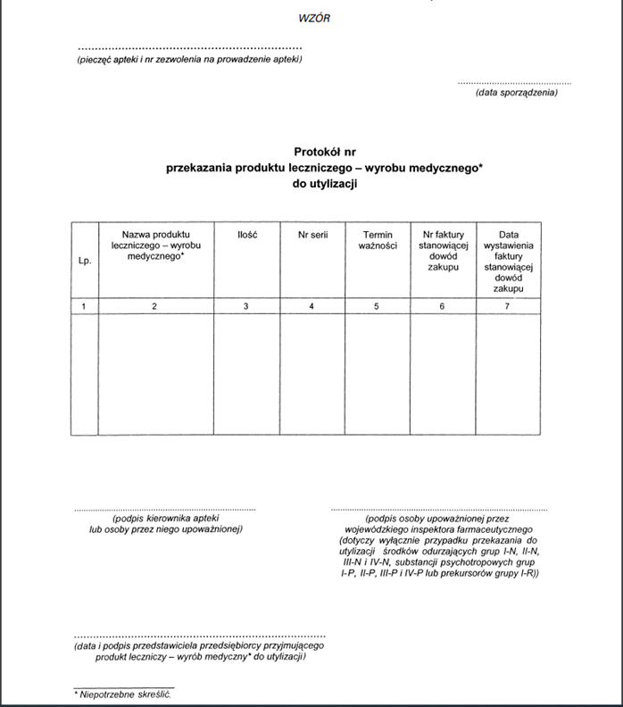 Wzór protokołu przekazania leku i wyrobu medycznego do utylizacji