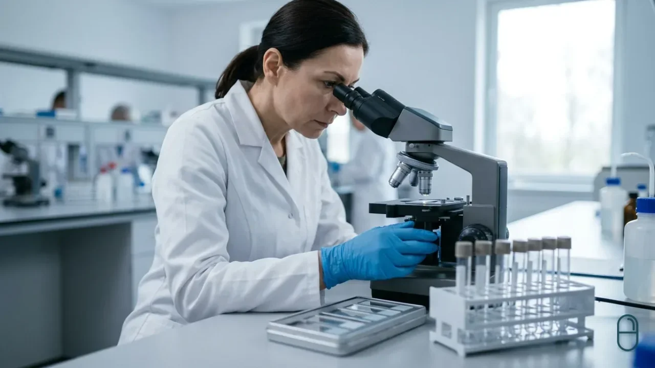 Badaczka w białym fartuchu patrzy przez mikroskop, obok stojak z probówkami i taca ze szkiełkami.