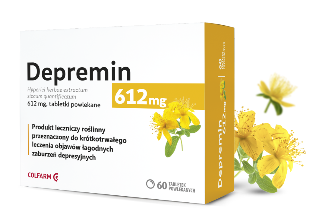 Lek OTC. Opakowanie leku Depremin 612 mg, 60 tabletek powlekanych