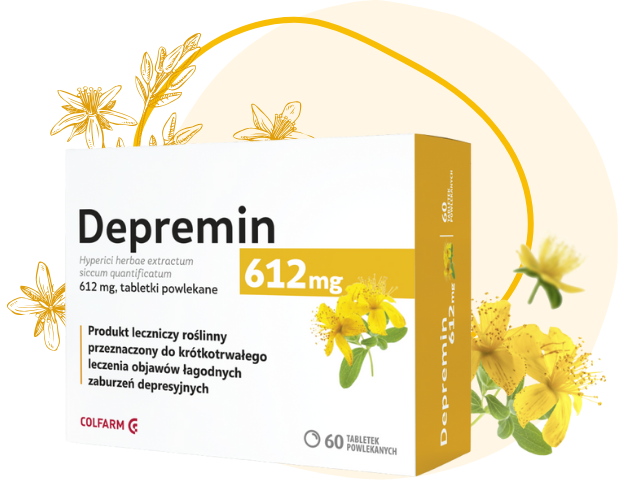 Opakowanie Depremin 612 mg wśród kwiatów dziurawca