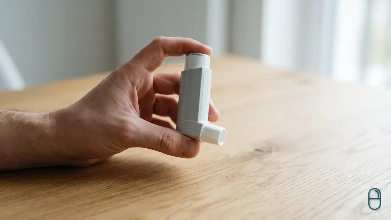 Dłoń trzyma biały inhalator ciśnieniowy nad drewnianym stołem w jasnym wnętrzu.