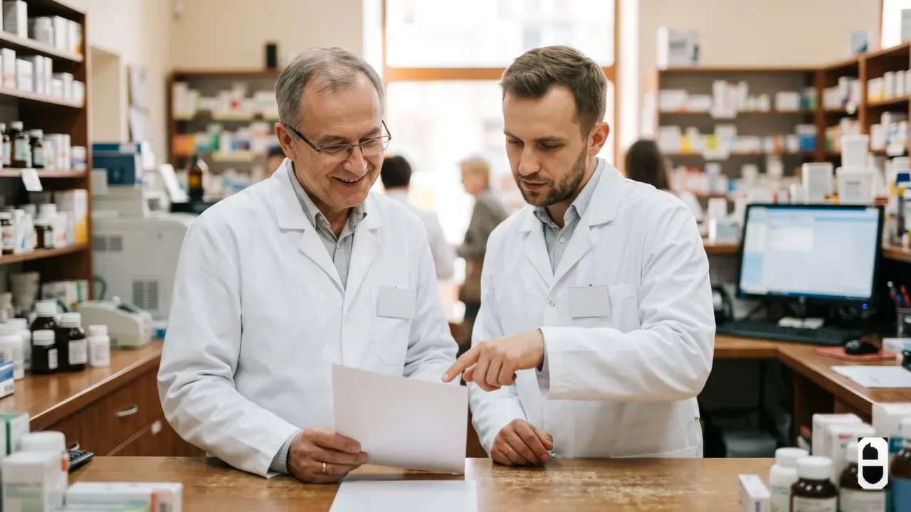 Dwóch farmaceutów w białych fartuchach pochyla się nad kartką papieru, analizując ją wspólnie przy ladzie.