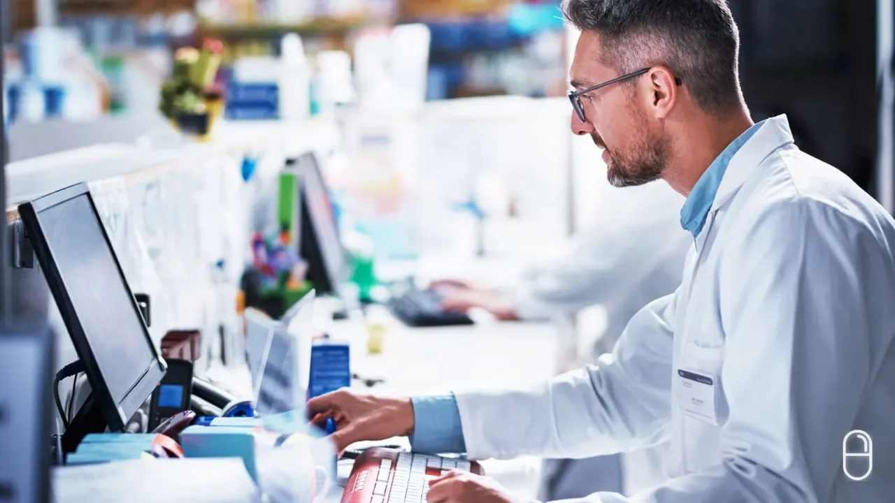 Farmaceuta w fartuchu wpisuje dane na klawiaturze przy stanowisku komputerowym w aptece, w tle regały z lekami.