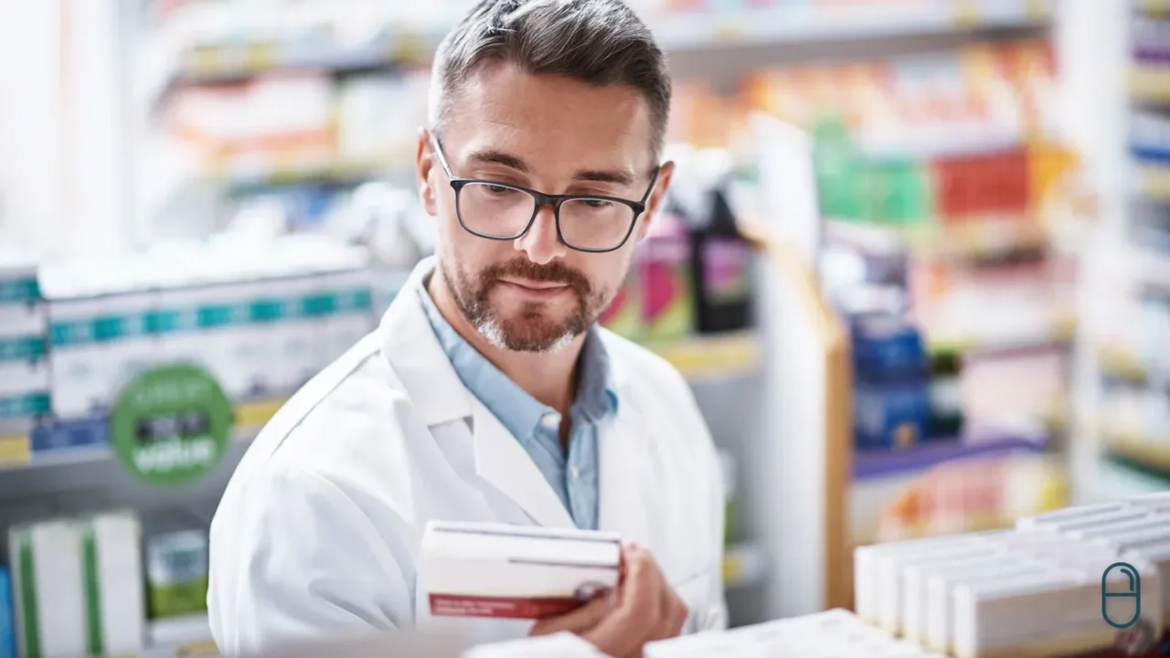 Farmaceuta w okularach i białym fartuchu uważnie czyta informacje na pudełku leku, trzymając je w dłoniach.