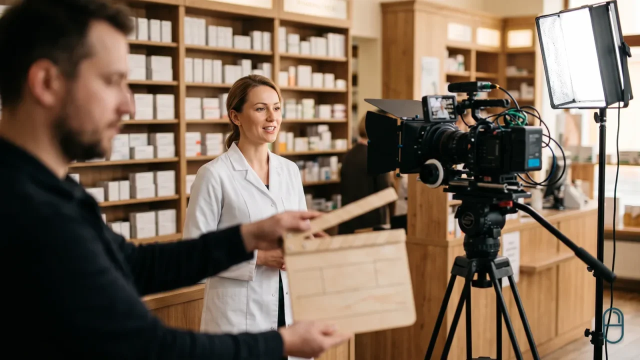Farmaceutka w białym kitlu przemawia do kamery ustawionej na tle regałów z lekami, a mężczyzna w pierwszym planie trzyma klaps filmowy.