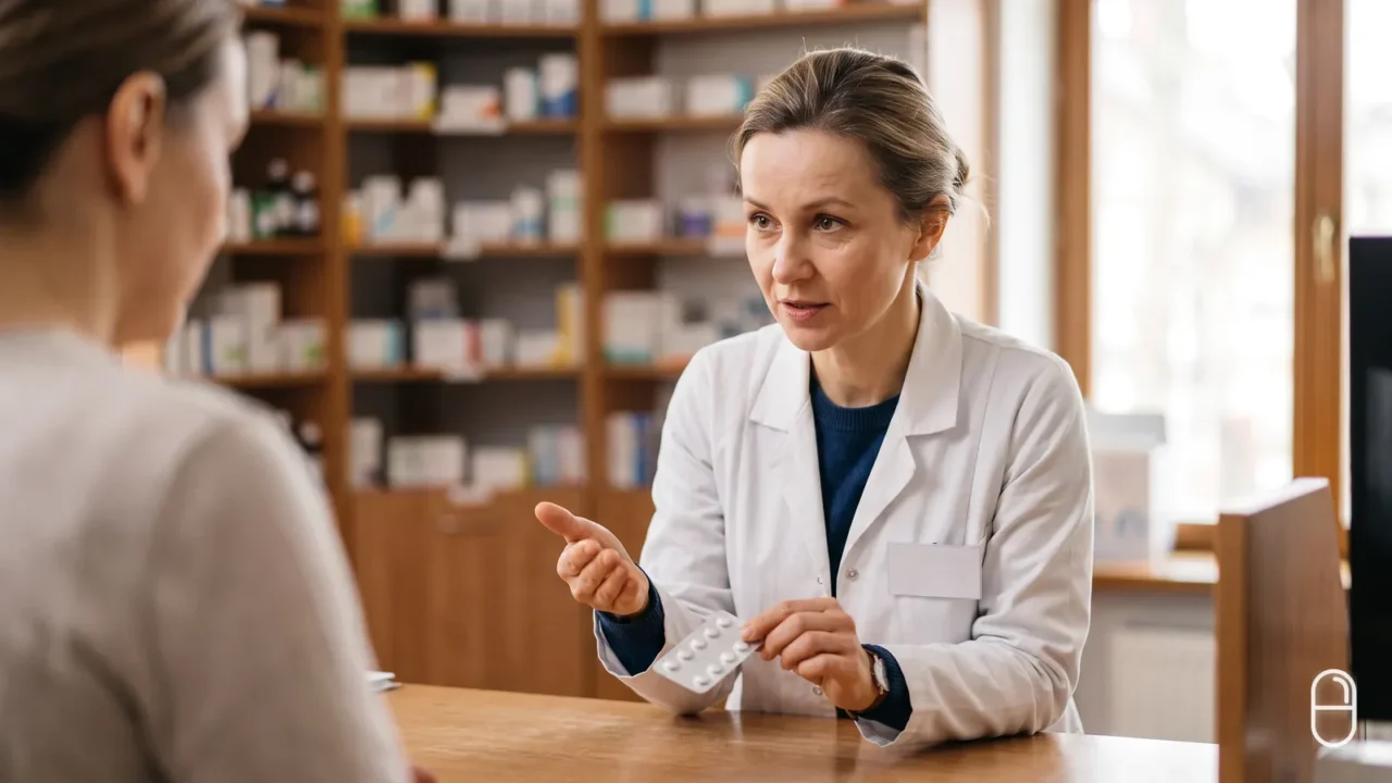 Farmaceutka trzymająca blister z tabletkami tłumaczy pacjentce sposób dawkowania przy okienku apteki.