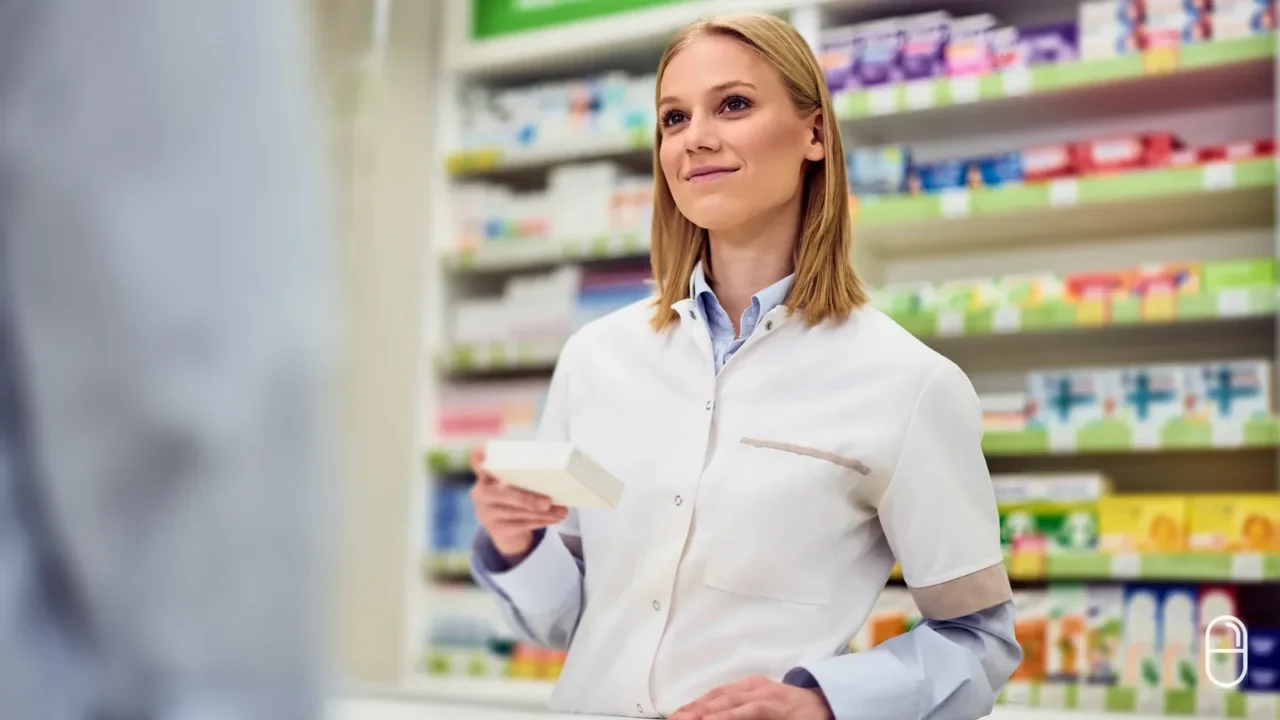 Uśmiechnięta farmaceutka w białym fartuchu trzyma białe pudełko leku, stojąc przy regałach z lekami.