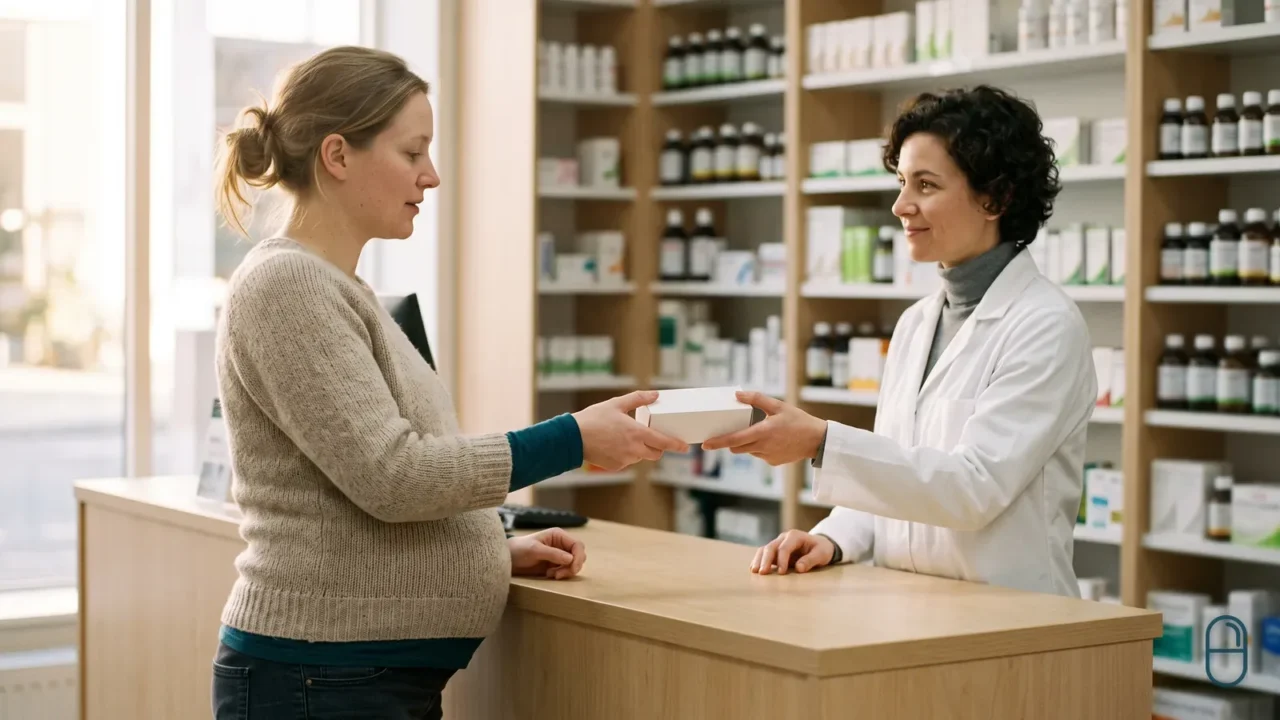 Farmaceutka podaje białe opakowanie leku kobiecie w ciąży przy okienku aptecznym.
