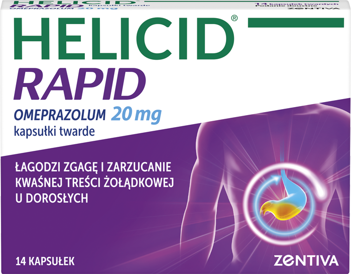 Opakowanie Helicid Rapid 20 mg, 14 kapsułek twardych