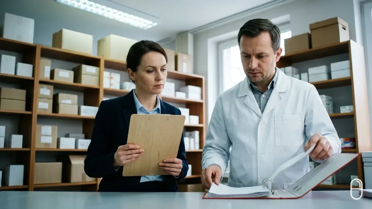 Kobieta z podkładką i farmaceuta w białym fartuchu przeglądają segregator z dokumentacją w zapleczu apteki.