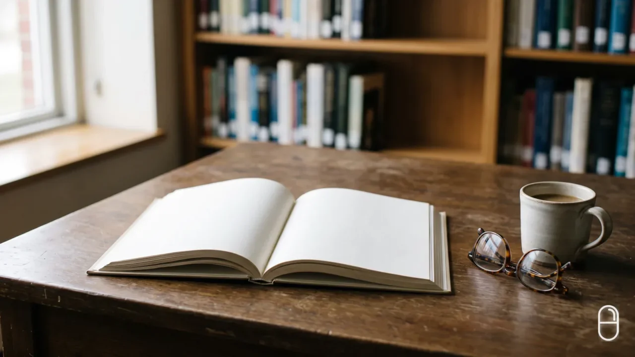 Na drewnianym biurku w bibliotece leży otwarta książka z czystymi stronami, obok okulary do czytania i kubek z kawą.
