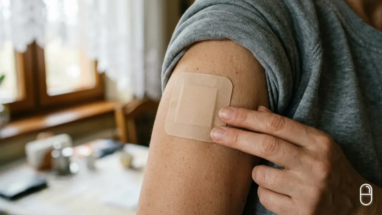 Dłoń dociska prostokątny plaster transdermalny na ramieniu osoby dorosłej w domowym wnętrzu.