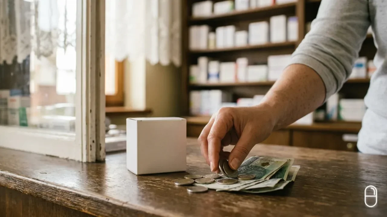 Dłoń odlicza monety i banknoty przy białym opakowaniu leku na drewnianej ladzie apteki.
