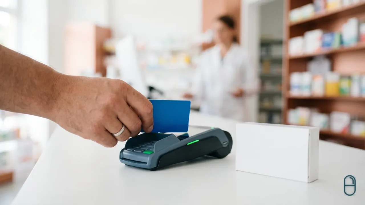 Dłoń klienta przykłada kartę płatniczą do terminala na kontuarze apteki, w tle stoi farmaceutka.