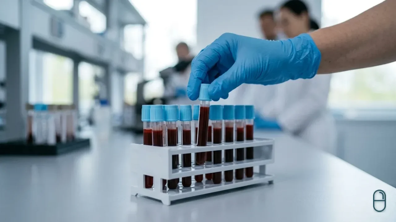 Dłoń w niebieskiej rękawiczce wyjmuje probówkę z krwią ze statywu na blacie laboratoryjnym.