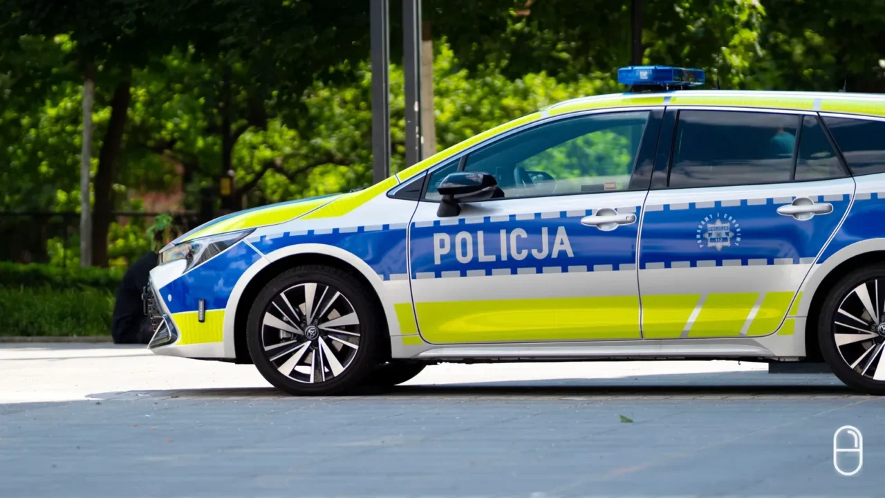 Radiowóz policji z napisem „Policja” stoi na ulicy przy skwerze z zielenią w tle.