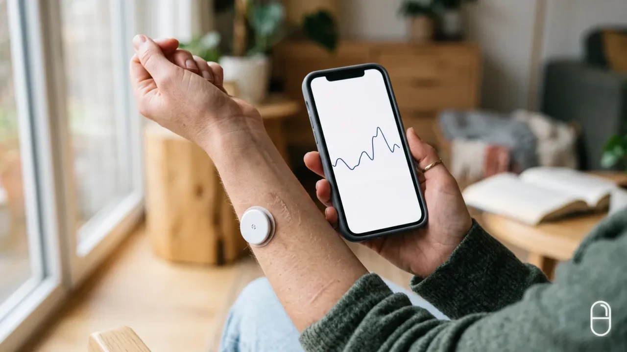 Osoba w domowym wnętrzu trzyma smartfon z wykresem poziomu glukozy, na ramieniu widoczny sensor CGM.