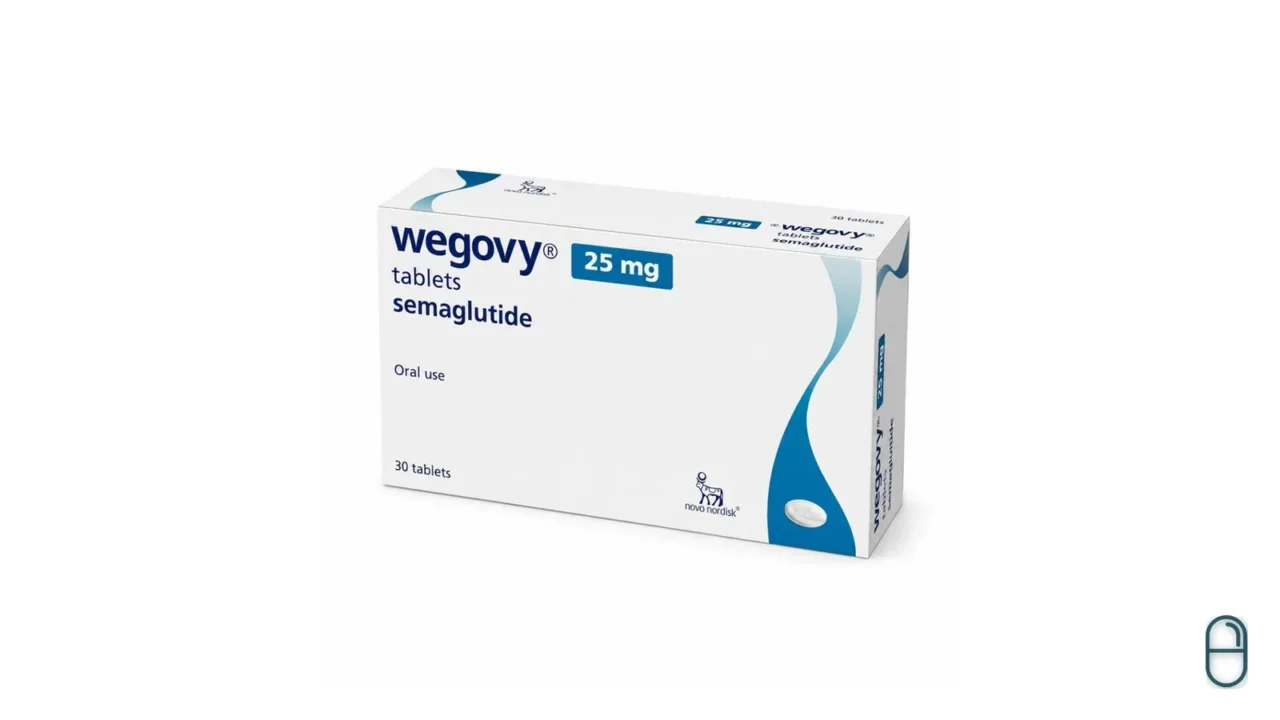 Opakowanie leku Wegovy w tabletkach 25 mg z semaglutydem, 30 tabletek, na białym tle.