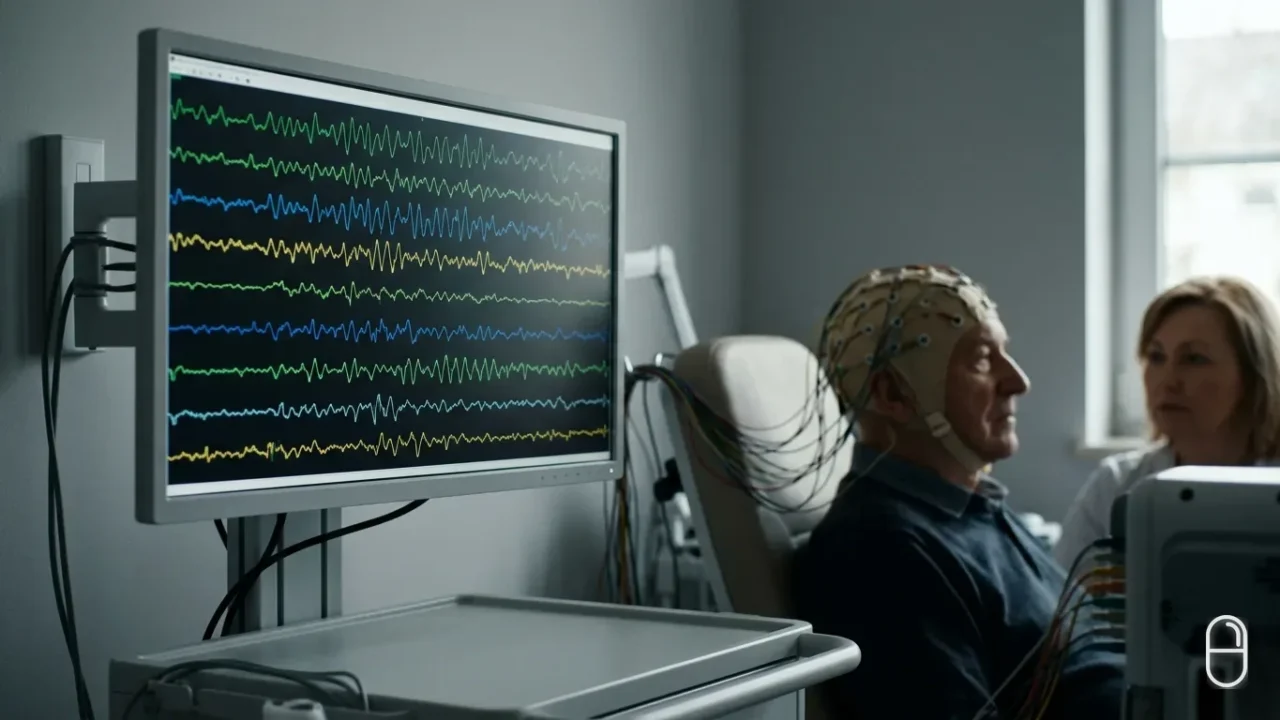 Monitor pokazuje wielokanałowy zapis fal EEG, w tle pacjent w czepku z elektrodami i technik.