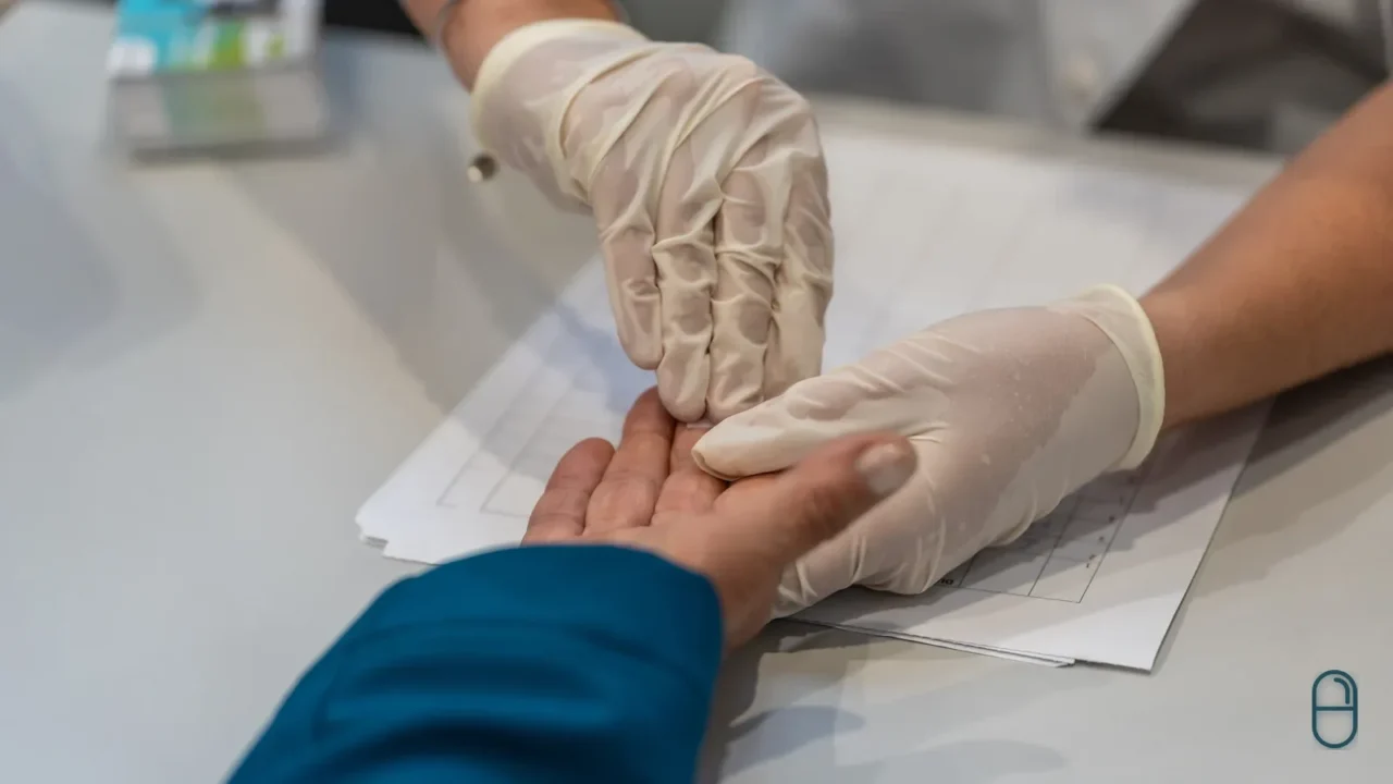 Osoba w lateksowych rękawiczkach ogląda otwartą dłoń pacjenta opartą na dokumencie leżącym na blacie.