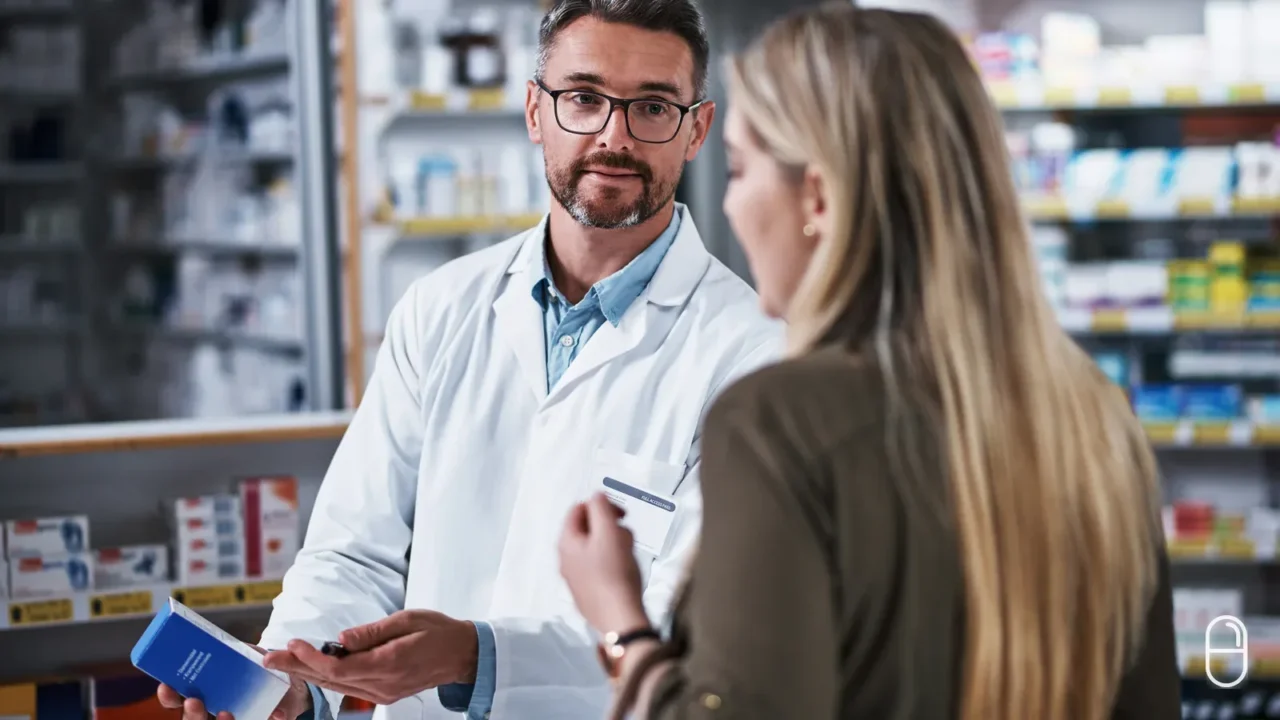 Farmaceuta w białym fartuchu rozmawia z klientką, trzymając w dłoni pudełko leku.