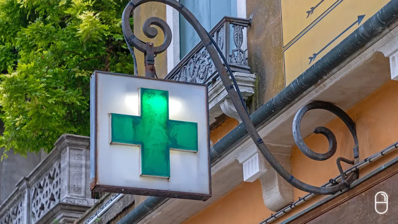 Kwadratowy zielony krzyż apteczny na ozdobnym metalowym wysięgniku wisi przy oknach zabytkowej kamienicy z balkonem.