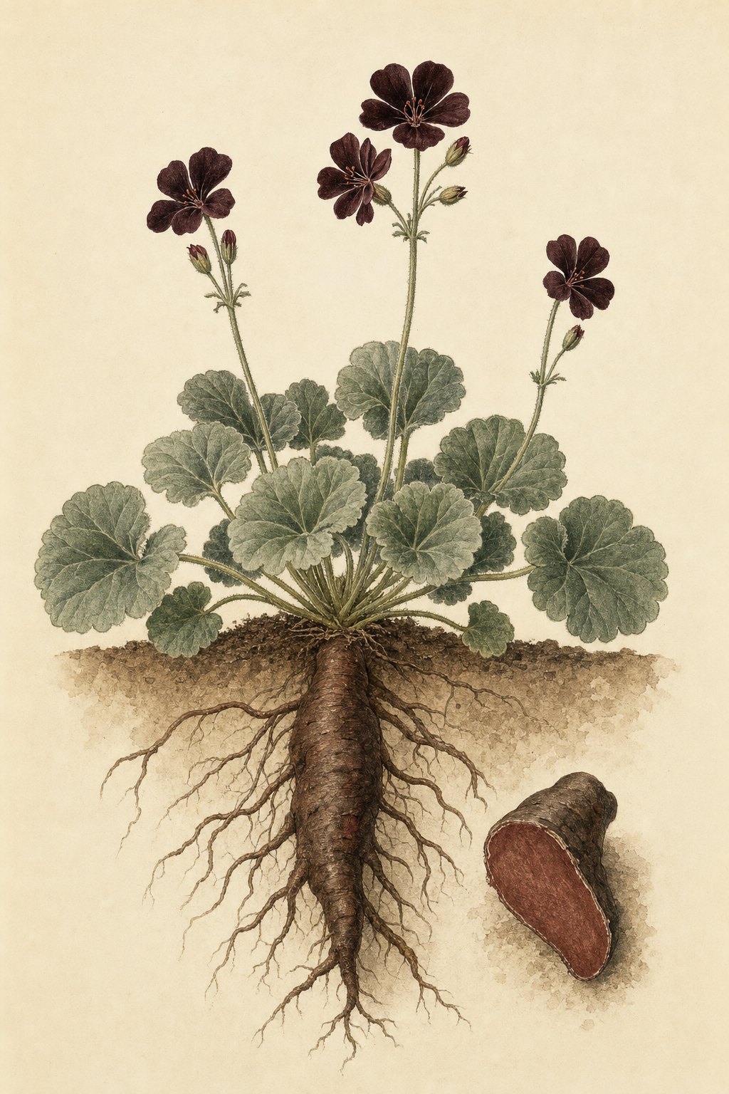 Rycina botaniczna Pelargonium sidoides: szarozielone liście w kształcie serca, ciemnobordowe kwiaty i gruby brunatny korzeń z przekrojem